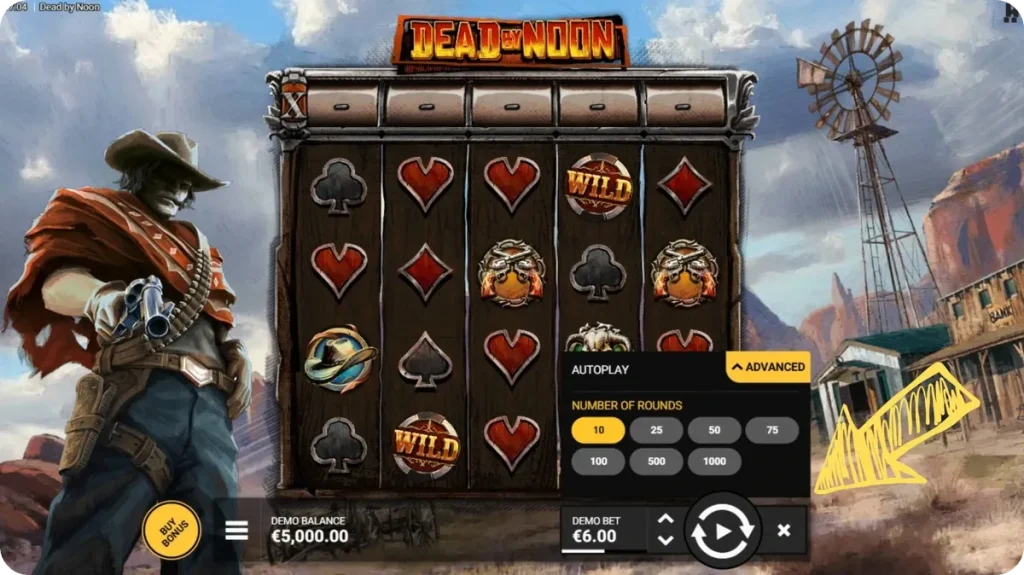 Avvio dei giri in Dead by Noon — impostazioni del gioco automatico da 10 a 1000 round