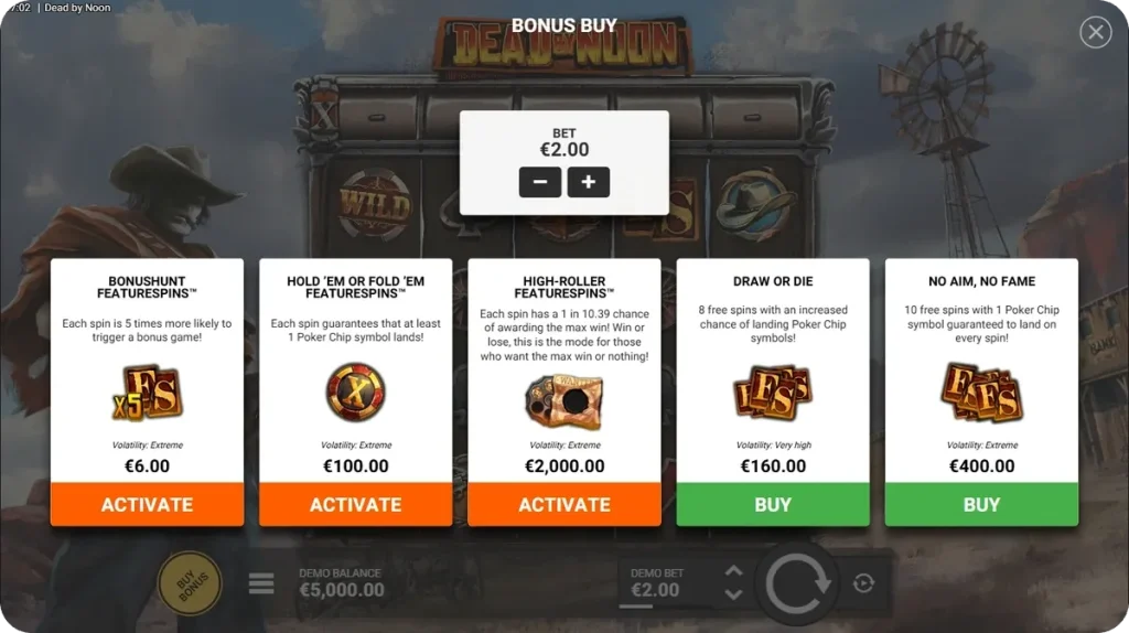 Menu Bonus Buy di Dead by Noon con i prezzi delle modalità FeatureSpins
